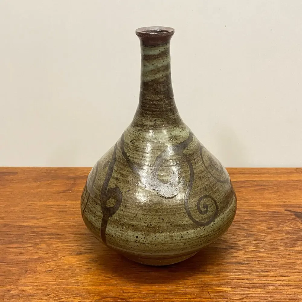Vintage Studio Pottery Stoneware Bud Vase Swirl Design Artist Signed Pennebacker